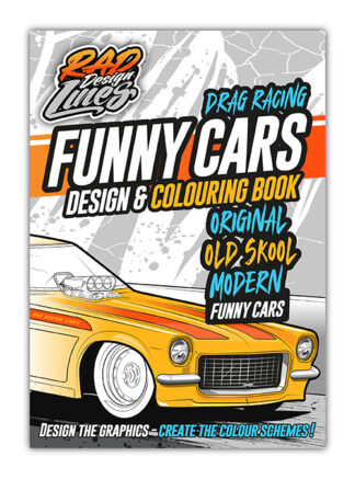 Front page of the drag racing funny cars colouring book